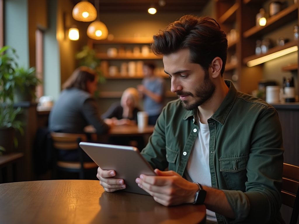 Man using tablet in a cozy café with people in the background.