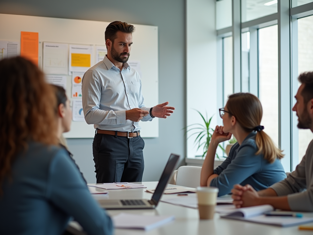 Man presenting to colleagues in a modern office setting.