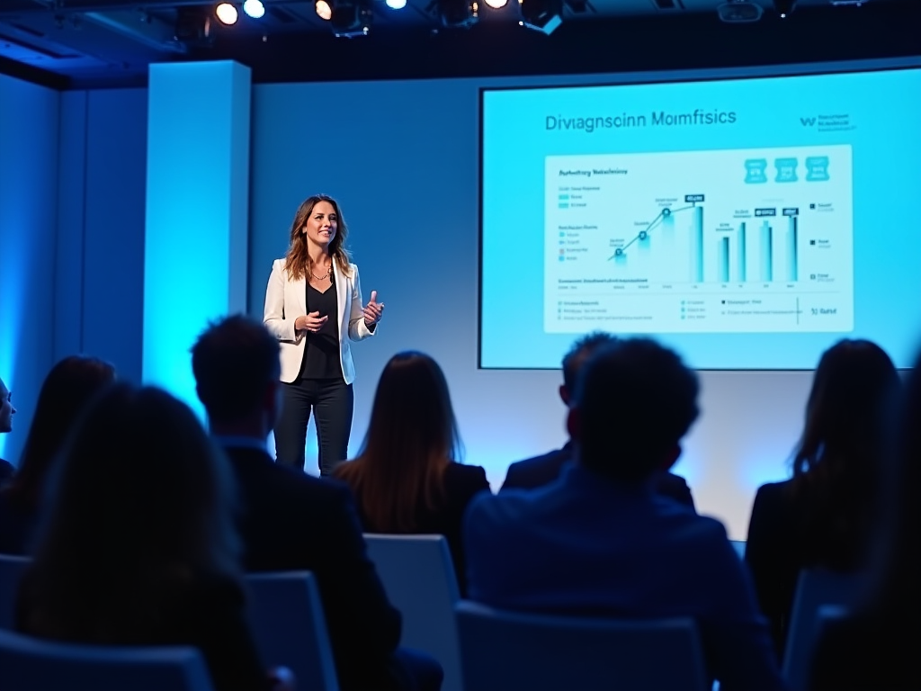 Woman presenting a graph on marketing strategies at a conference.