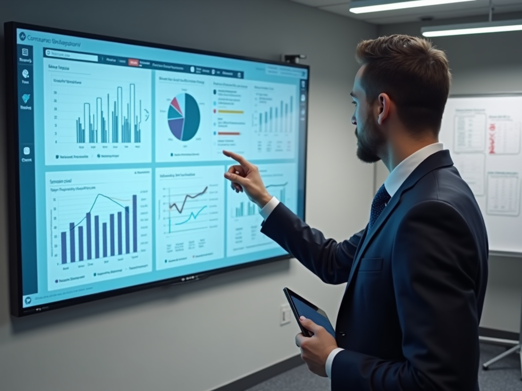 Businessman analyzing financial data on large digital display.