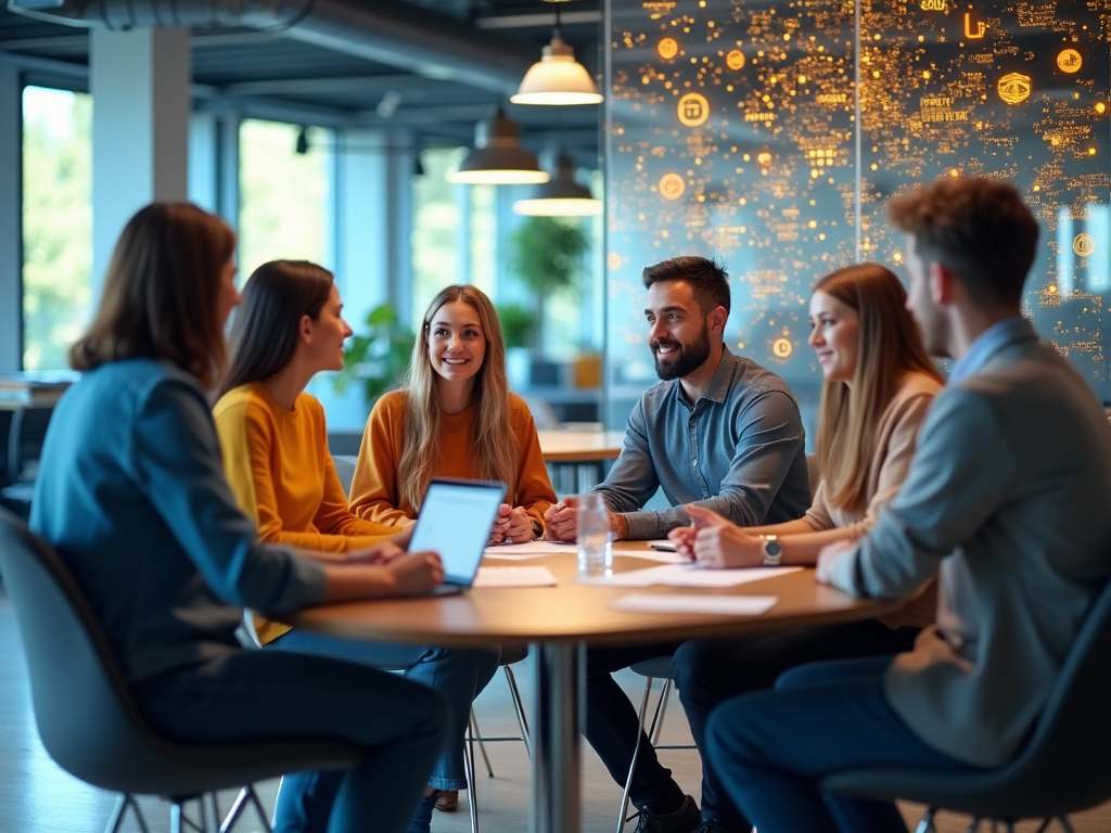 Group of six people having a meeting in a modern office space with digital icons on the wall.