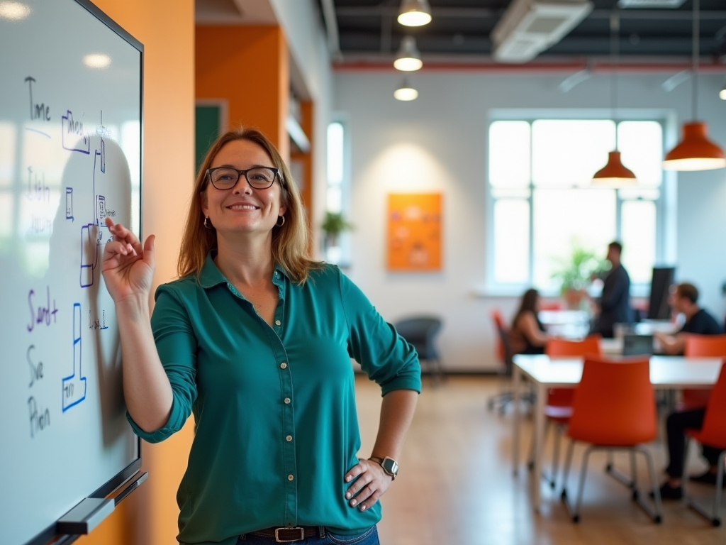 Woman in teal shirt smiling, pointing at whiteboard in a bright office.