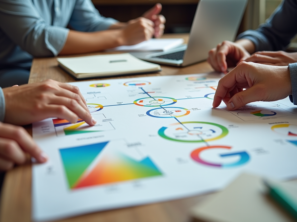 Team analyzing colorful charts and graphs on paper during a business meeting.