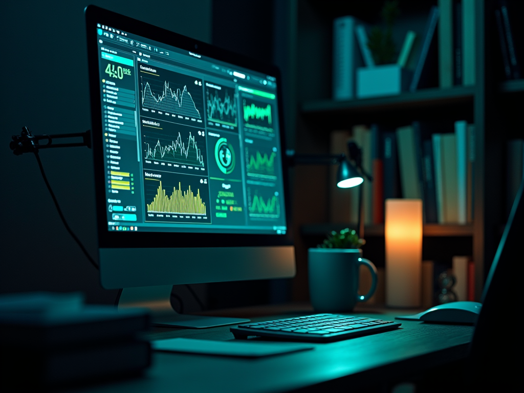 Computer screen displaying financial graphs in a dark room with desk accessories and bookshelves.