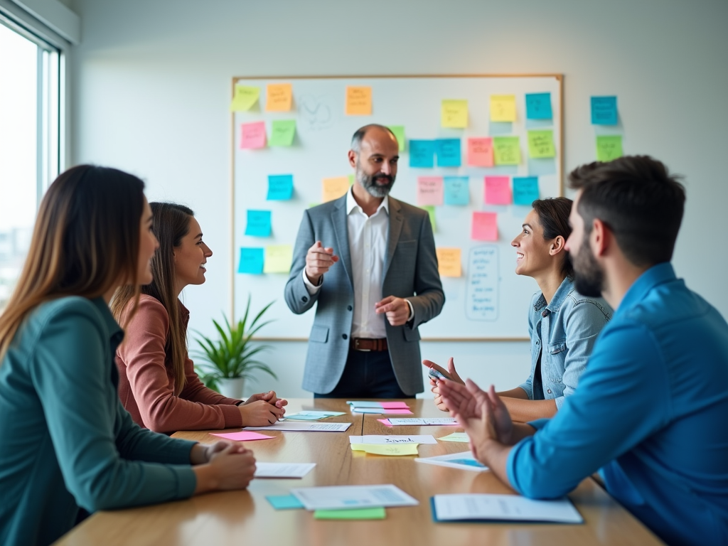 Team meeting in a bright office with a leader discussing notes on a colorful sticky note board.