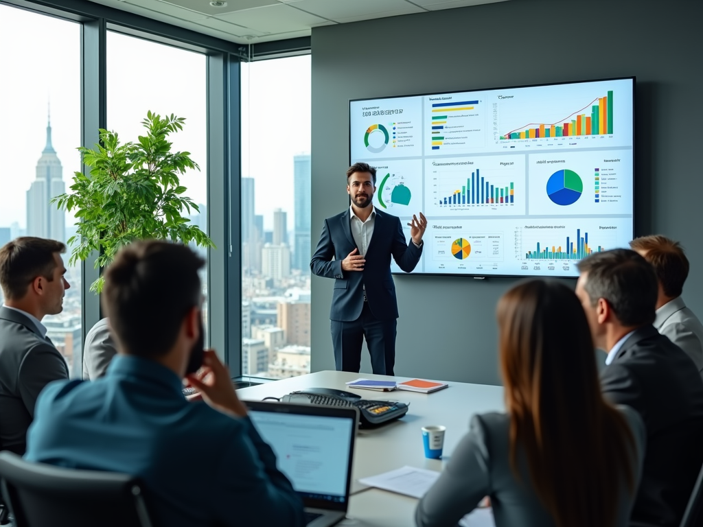 Man presenting business data on screen to colleagues in modern office with city view.