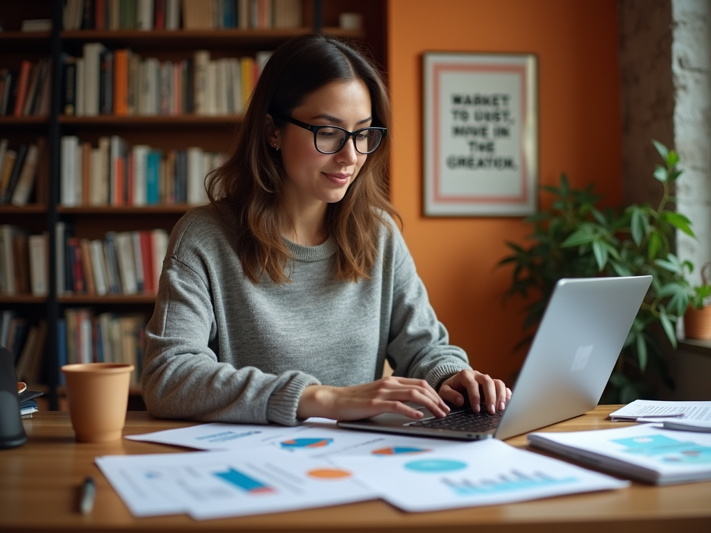 Woman in glasses working on laptop with documents on desk in a cozy office space.