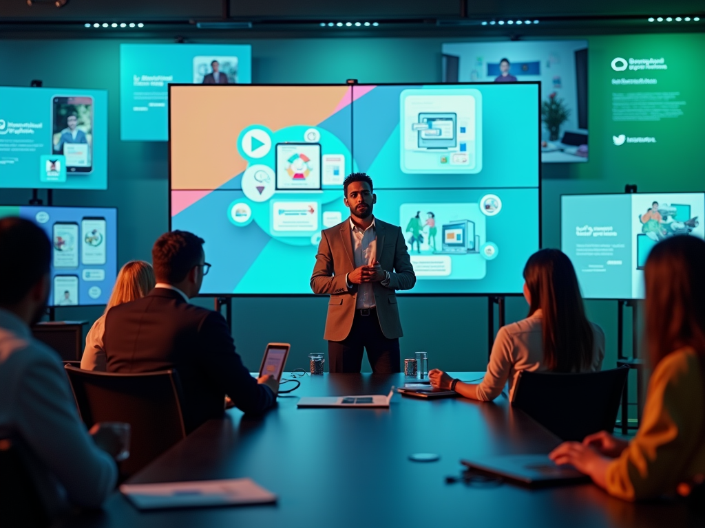 Businessman presenting digital content to colleagues in a high-tech meeting room with screens.