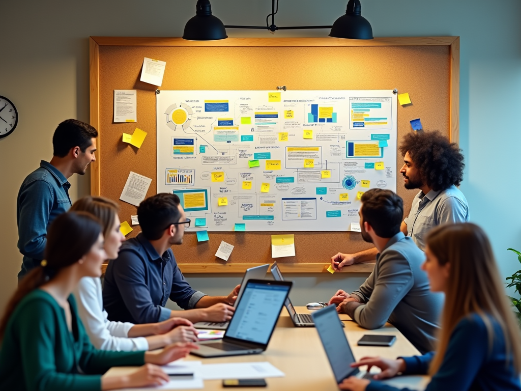 Team of professionals collaborating around a detailed project board in a modern office setting.