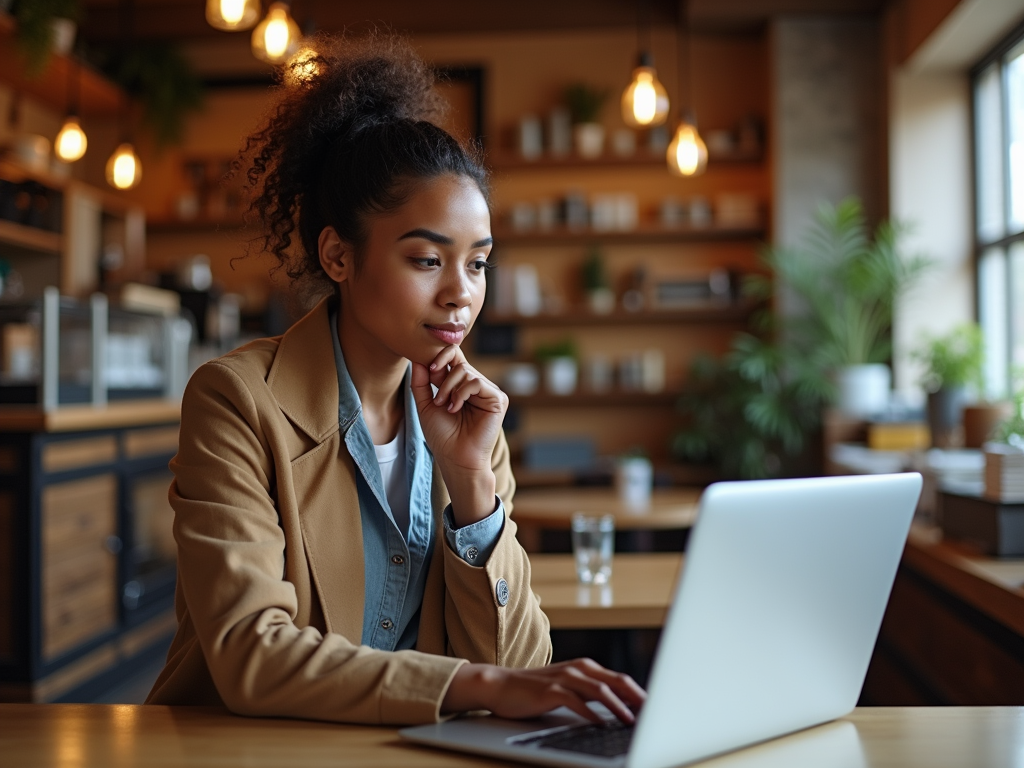 Young woman using a laptop in a cozy cafe, pensively looking at the screen.