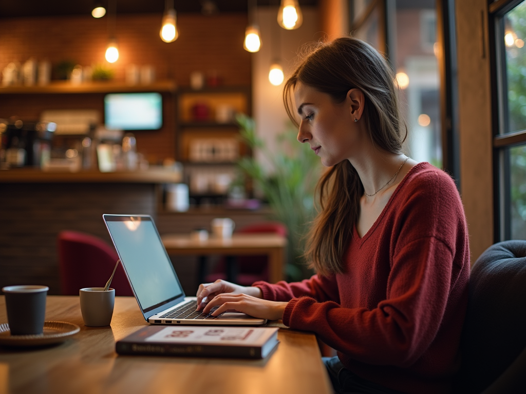 Woman in red sweater using laptop at cozy cafe table with coffee cup.