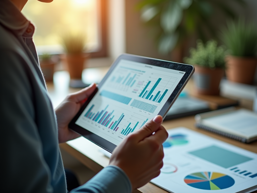 Person analyzing financial graphs on a tablet in a well-lit office space.