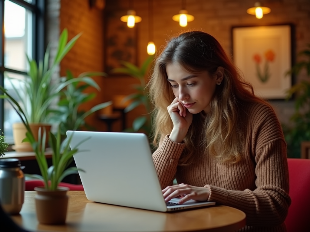 A woman in a cozy cafe works intently on her laptop, surrounded by plants and warm lighting.