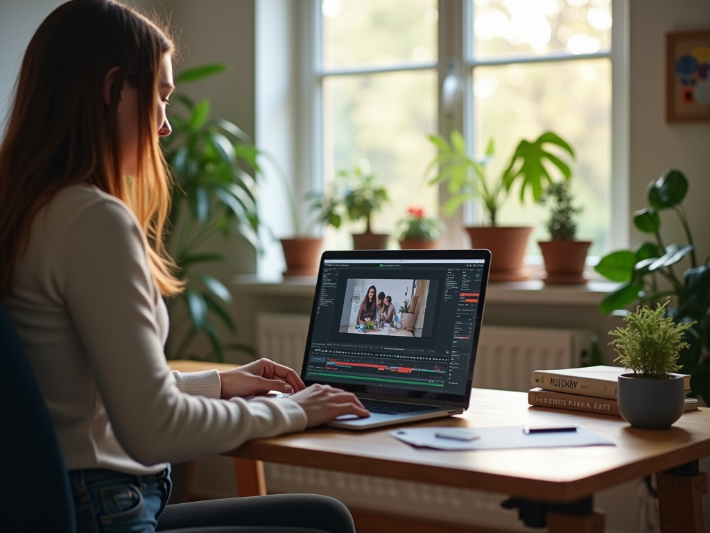 A young woman is editing a video on a laptop at a desk surrounded by indoor plants and books.