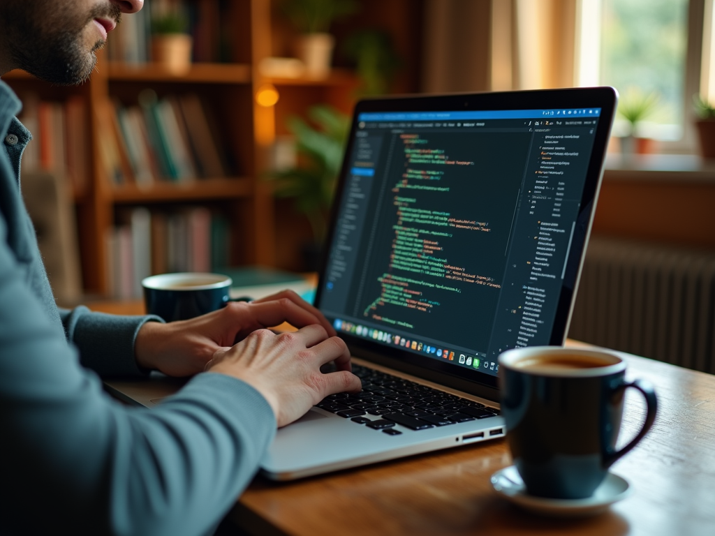 A person types on a laptop displaying code, with coffee cups on a wooden table and bookshelves in the background.