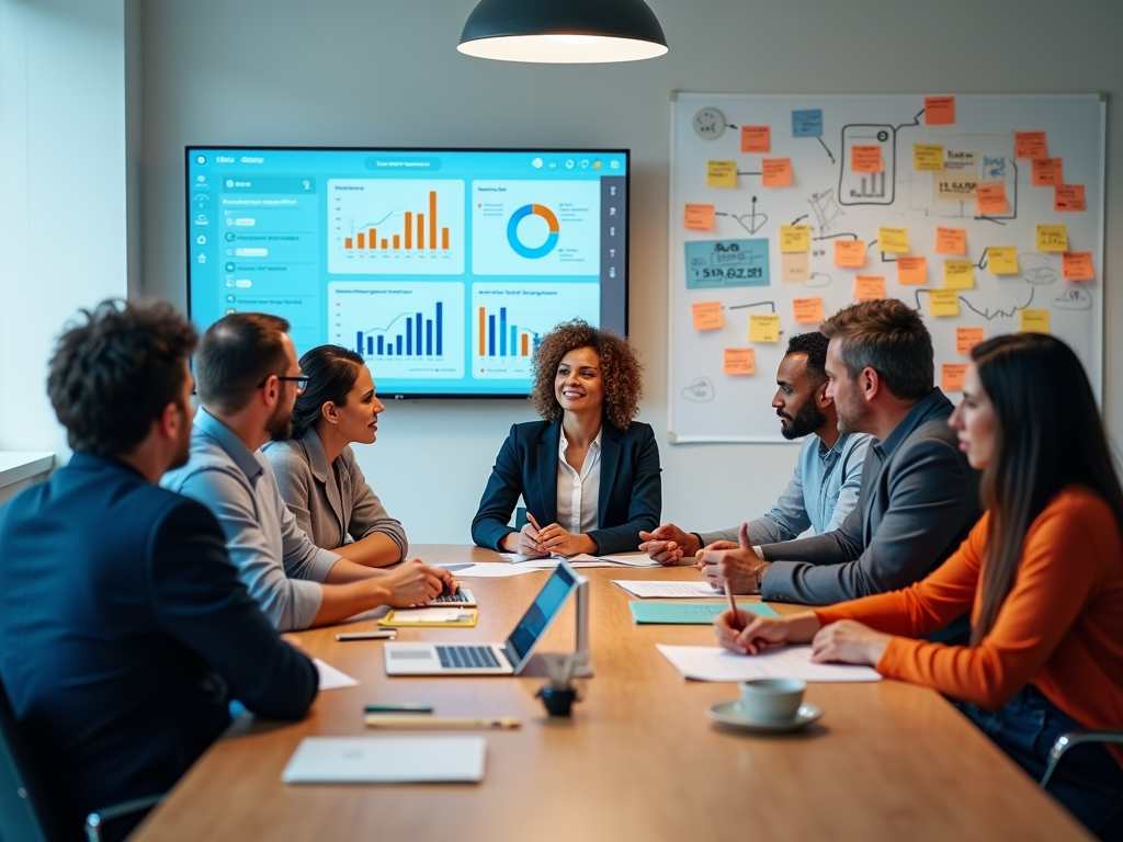 A group of professionals in a meeting room discussing data, with charts displayed on a screen and notes on the wall.