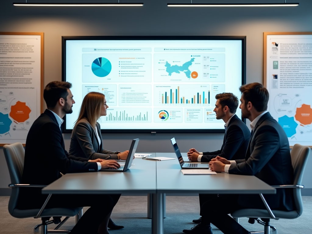 A business meeting with four professionals discussing data displayed on a large screen in a modern office.