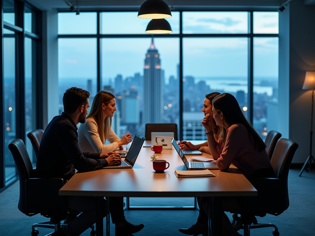 Four professionals collaborate around a table with laptops, overlooking a city skyline at dusk.