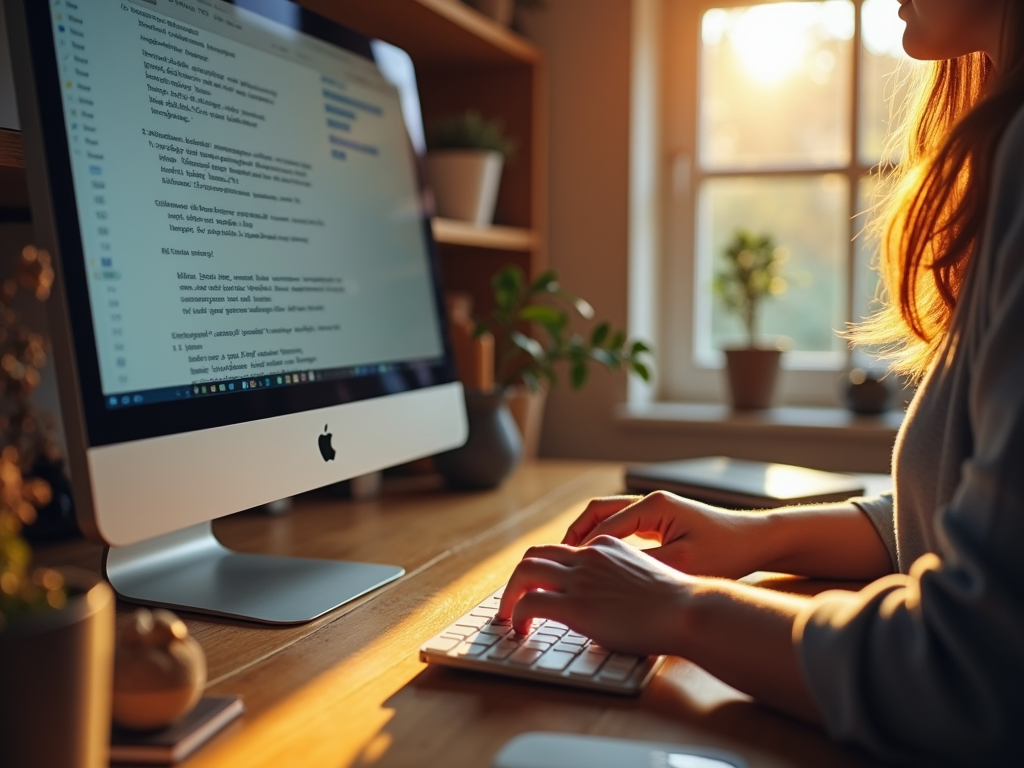 A person with long hair types on a keyboard in a cozy room illuminated by warm sunlight. A computer screen displays text.