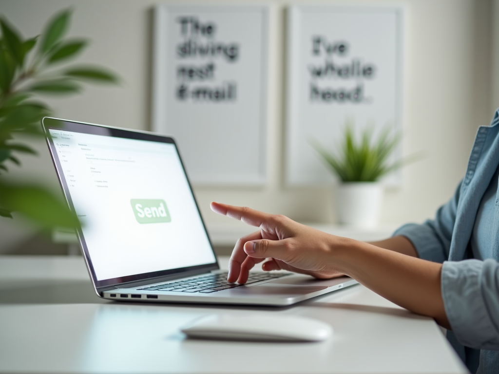 A person sending an email on a laptop, with a green "Send" button visible on the screen and indoor plants in the background.