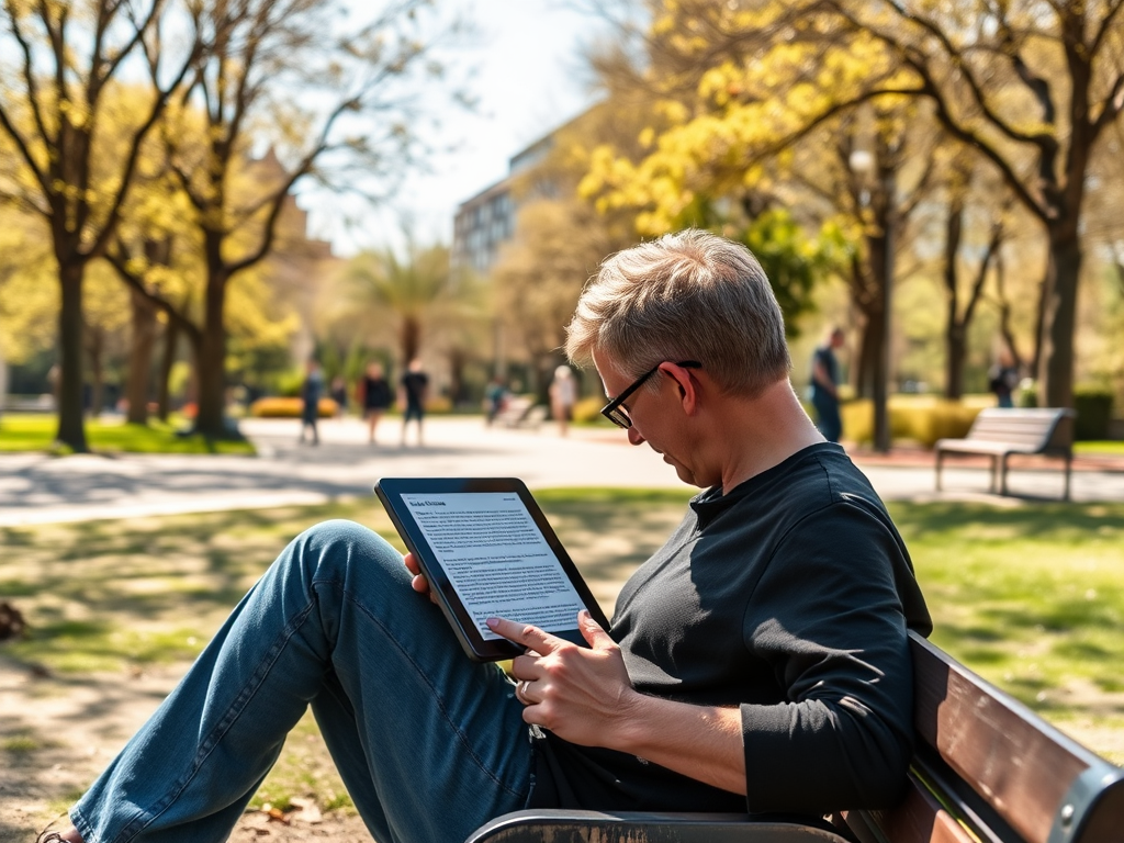 A man sits on a bench in a sunny park, reading an e-book on a tablet, surrounded by trees and distant people walking.