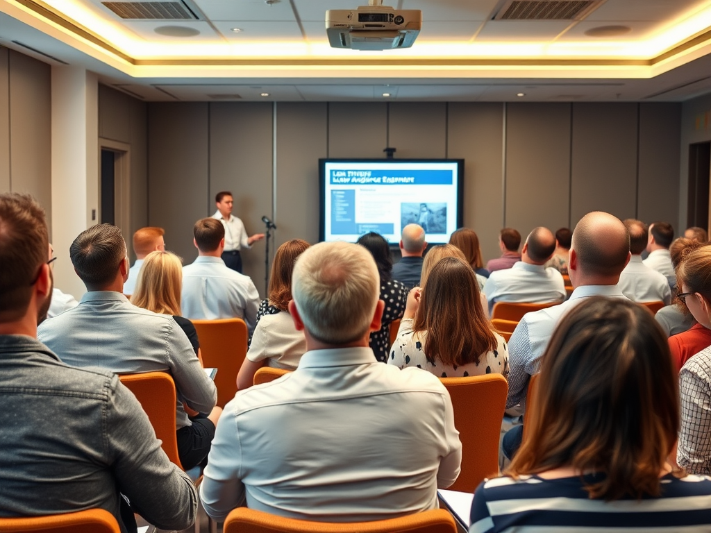 A speaker presents to a seated audience in a conference room, focused on a projected slide.