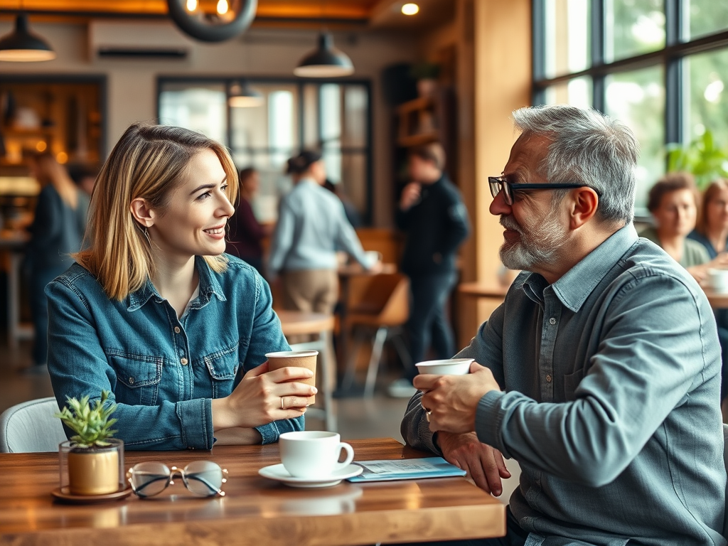 A young woman and an older man chat warmly over coffee in a busy café, surrounded by other customers.