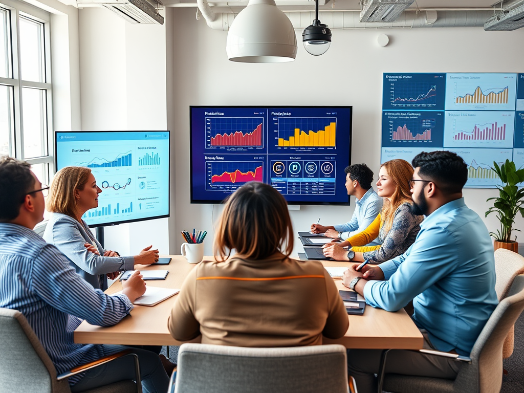 A diverse group of professionals engaged in a meeting, analyzing data displayed on multiple screens in a modern office.