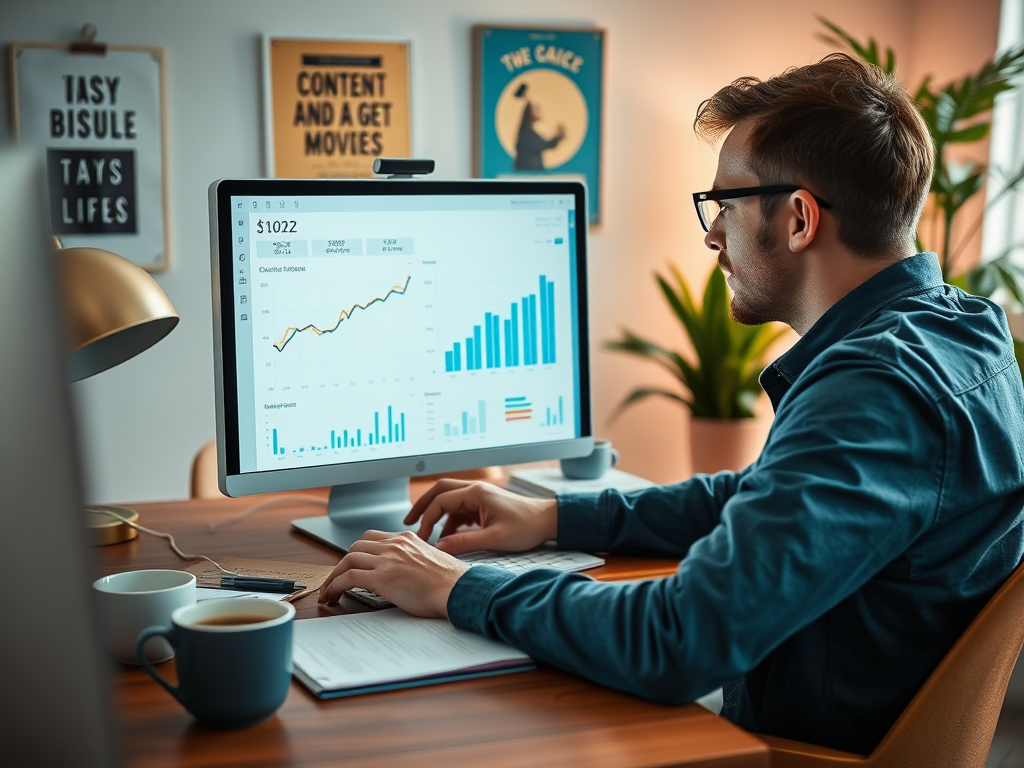 A person analyzing financial data on a computer screen, surrounded by coffee cups and indoor plants.