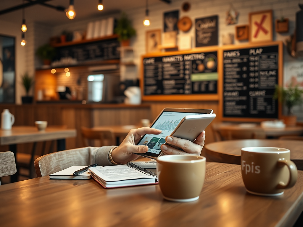 A hand holds a tablet displaying charts, with notebooks and two coffee cups on a wooden table in a cozy café.