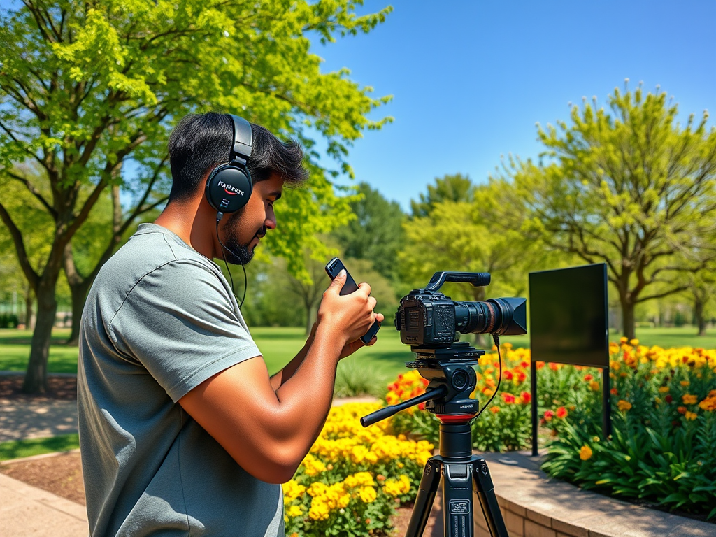 A man wearing headphones uses a smartphone while setting up a camera on a tripod in a park filled with flowers.