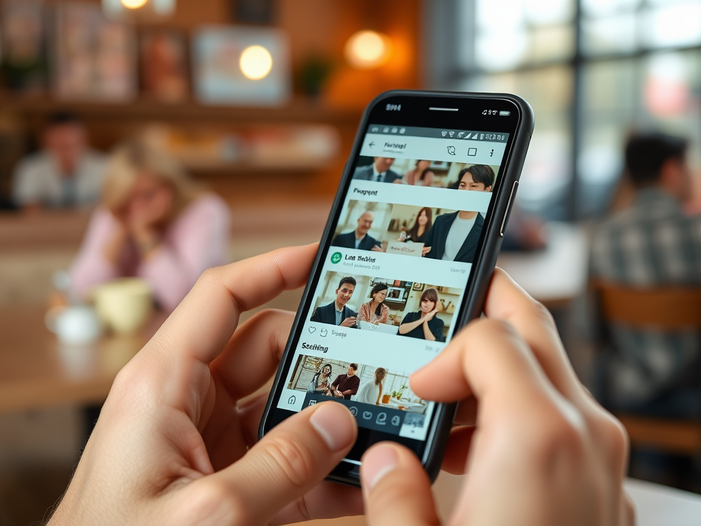 A person holds a smartphone displaying social media photos, with a cafe setting in the background.