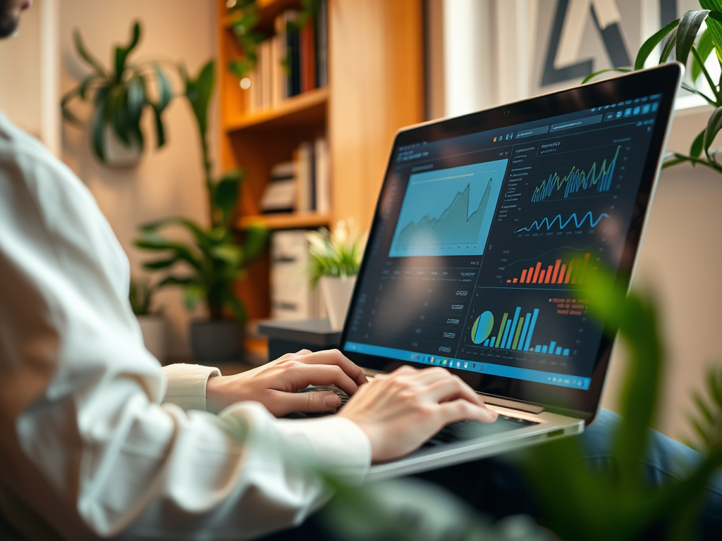 A person types on a laptop, analyzing data visualizations and graphs, surrounded by indoor plants.