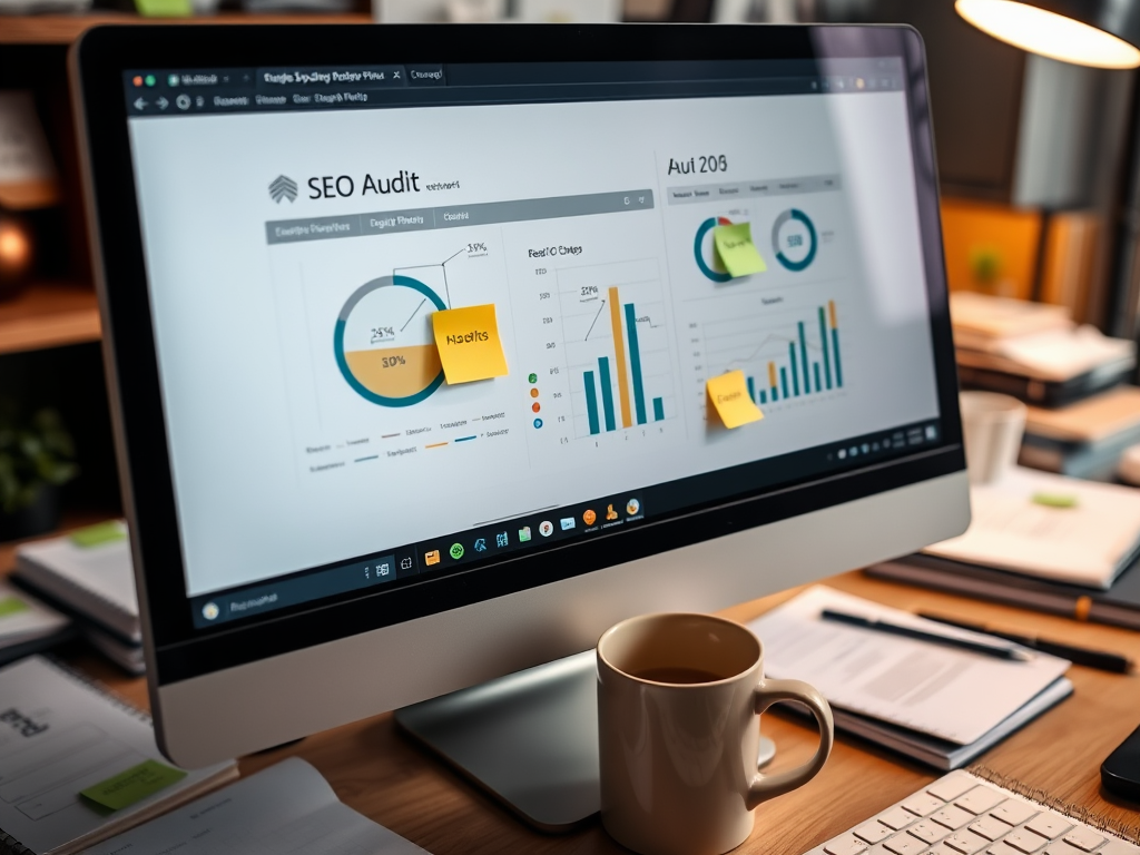 A computer screen displaying an SEO audit with graphs and sticky notes. A coffee mug is on the desk.