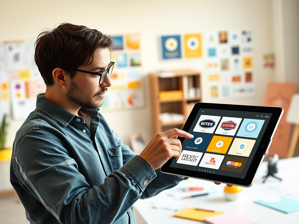 A young man in a denim shirt uses a tablet, selecting apps in a creative workspace with colorful designs.