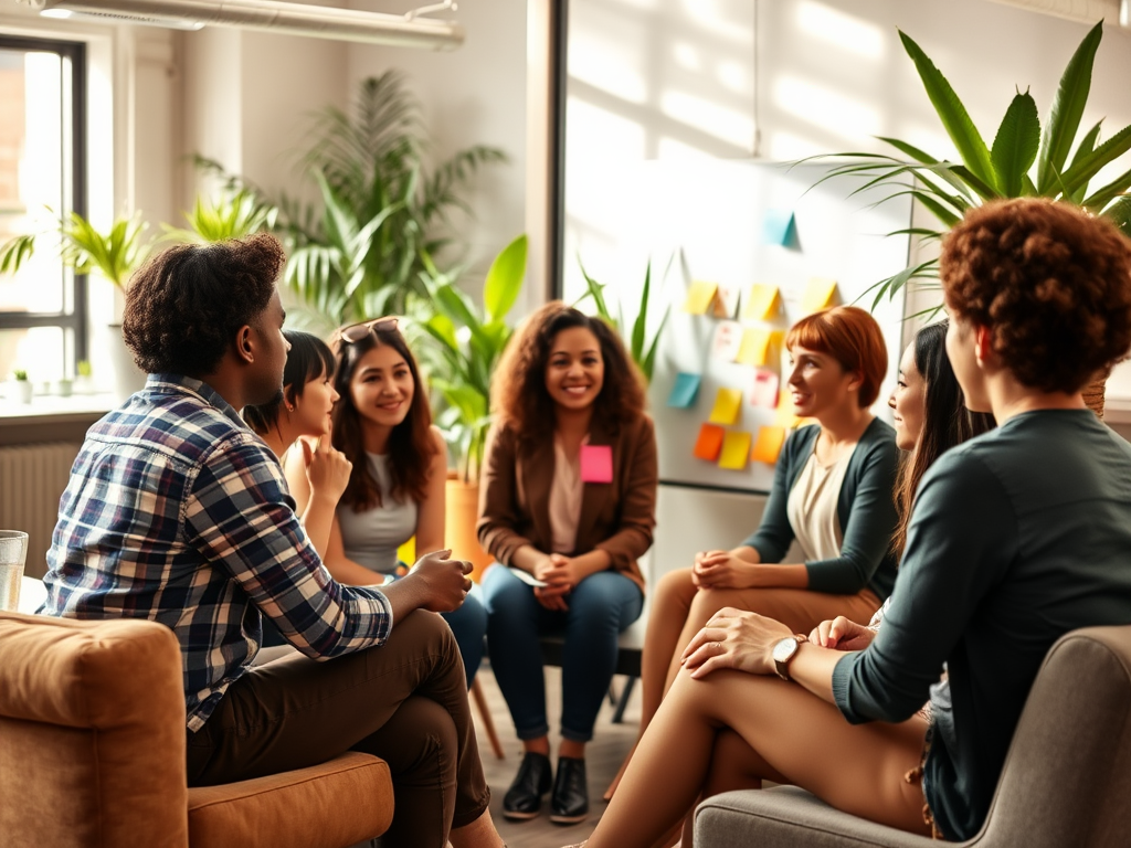 A diverse group of people engages in conversation, seated in a bright, plant-filled room.