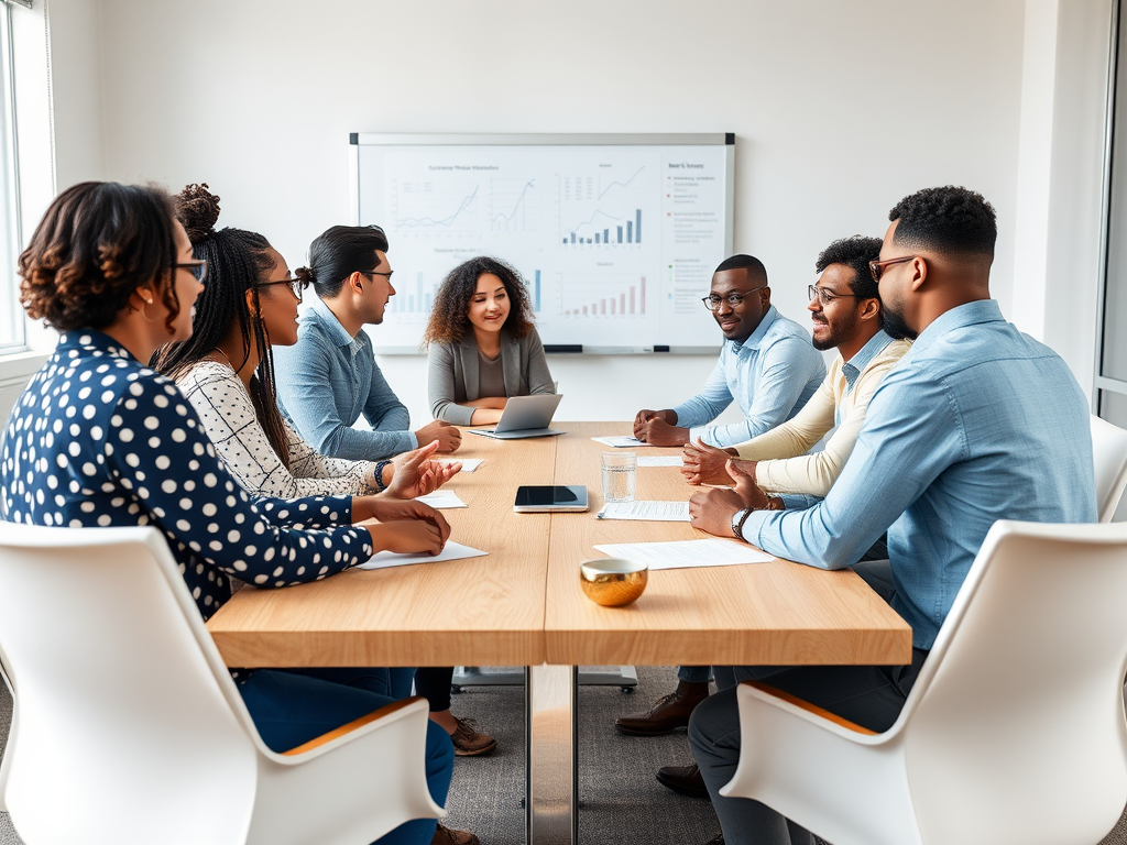 A diverse group of professionals engaged in a meeting around a conference table with charts displayed in the background.