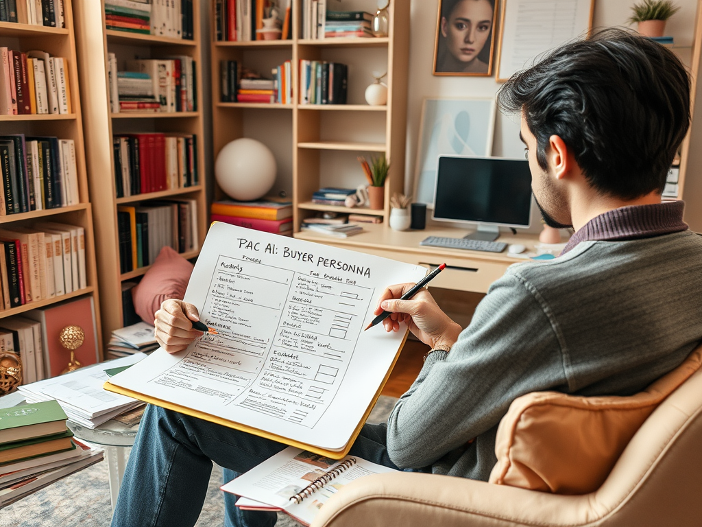 A person sitting in a cozy workspace writes on a large sheet labeled "PAC AI: Buyer Persona," surrounded by bookshelves.
