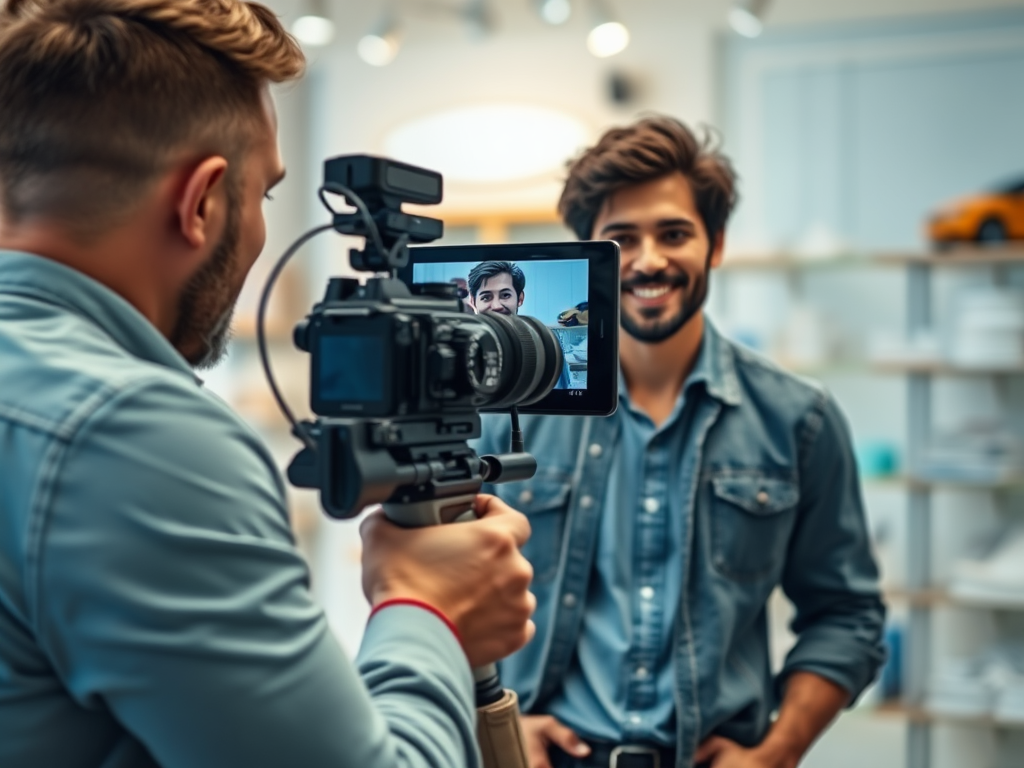 A man filming another man smiling while being recorded, with a modern, stylish background.
