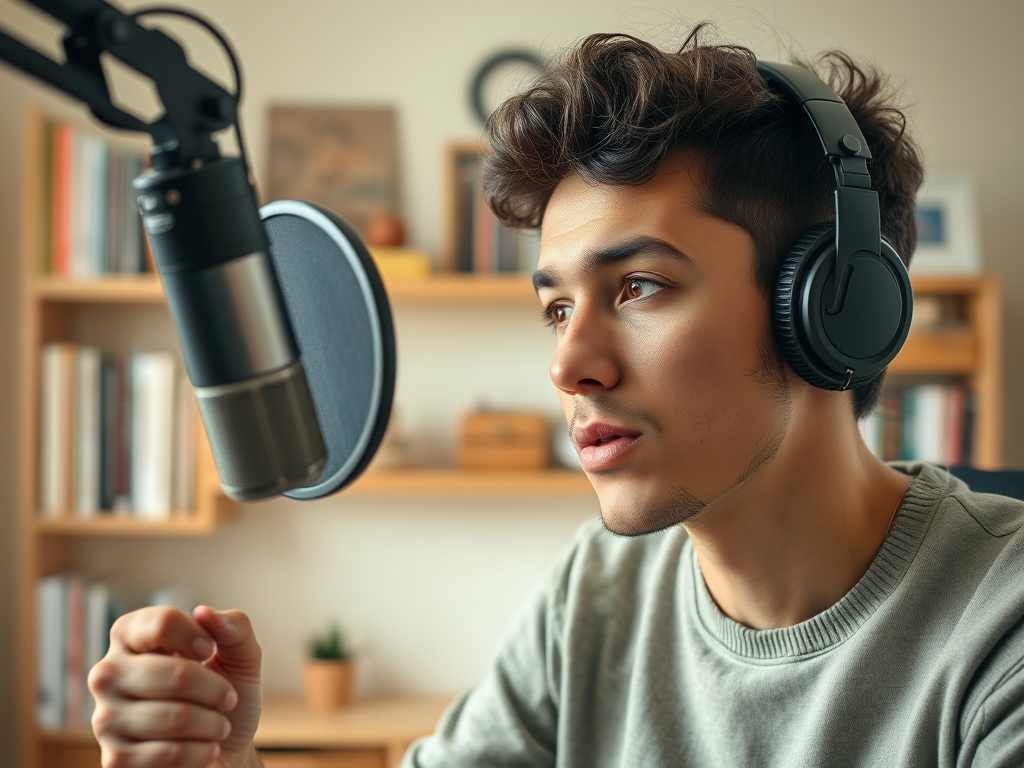 A young man wearing headphones speaks intently into a microphone, with bookshelves in the background.