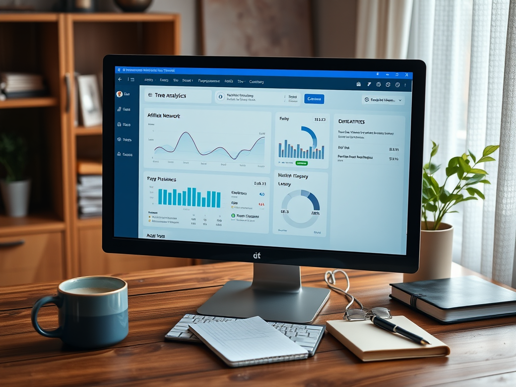 A monitor displays analytics data with graphs, charts, and statistics, accompanied by a coffee cup and notebook on a desk.