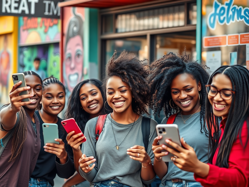 A group of six women smiling and taking selfies together in a vibrant, colorful street setting.