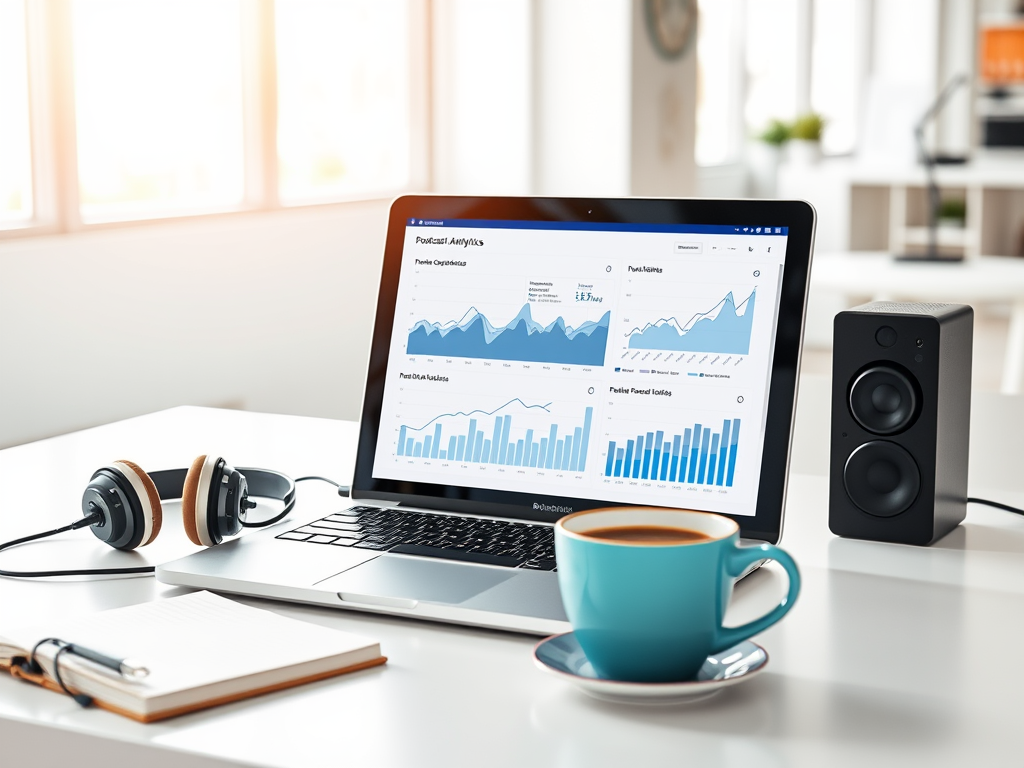 A laptop displays various analytics graphs beside a cup of coffee, headphones, and speakers on a desk.