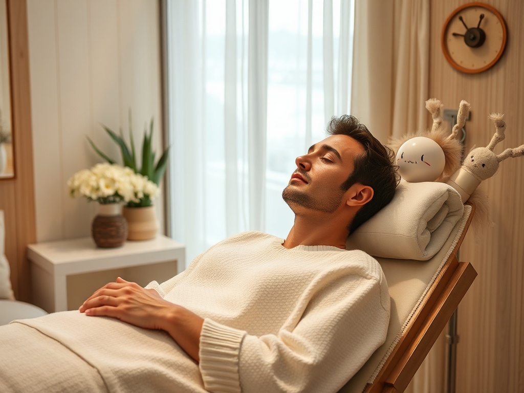 A man relaxes in a cozy room, reclining with eyes closed, surrounded by soft light and decorative elements.