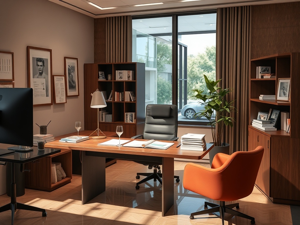 A modern office with a polished wooden desk, leather chair, plants, and large windows letting in natural light.