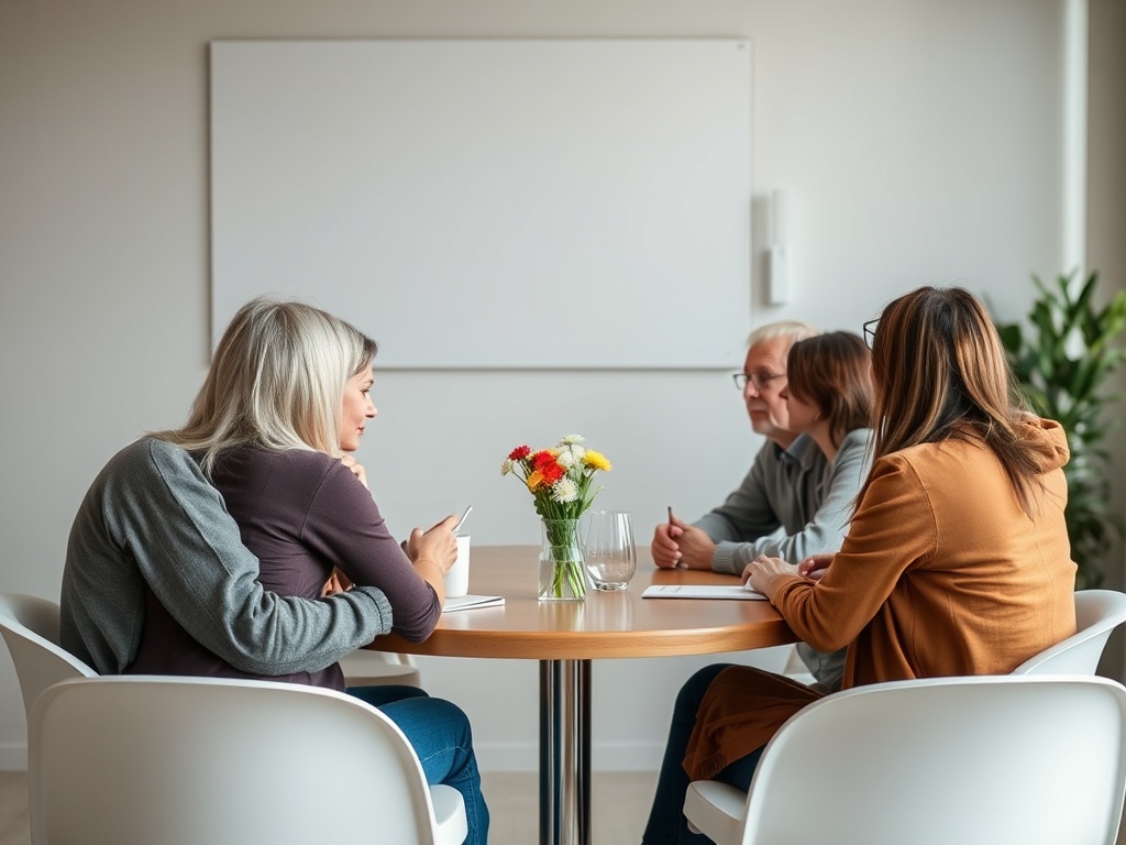 A group of four people sitting at a table, engaged in discussion, with a flower vase in the center.