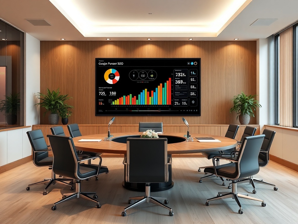 A modern conference room with a round table, black chairs, and a large screen displaying colorful data charts.