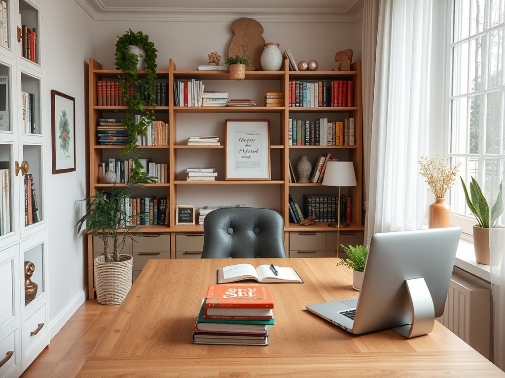 A cozy office with a wooden desk, laptop, and bookshelves filled with books and plants by the window.