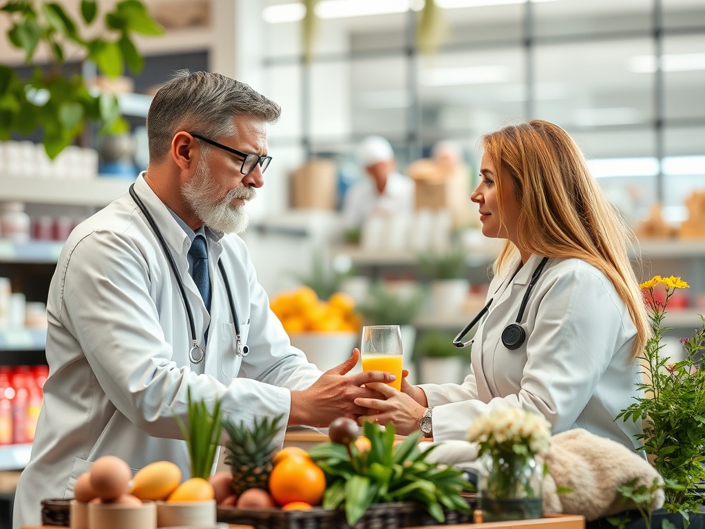 Two doctors in white coats discuss health while exchanging a glass of orange juice among fresh fruits and plants.