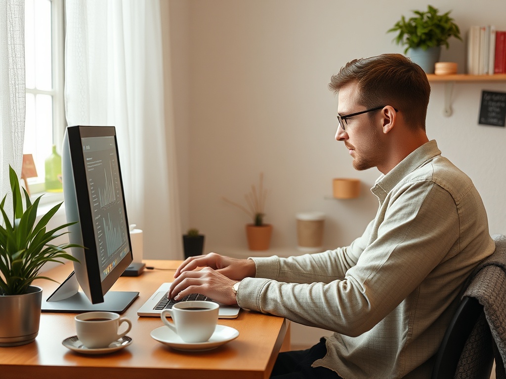 A young man works on a computer at a wooden desk with plants and coffee cups in a bright, cozy room.